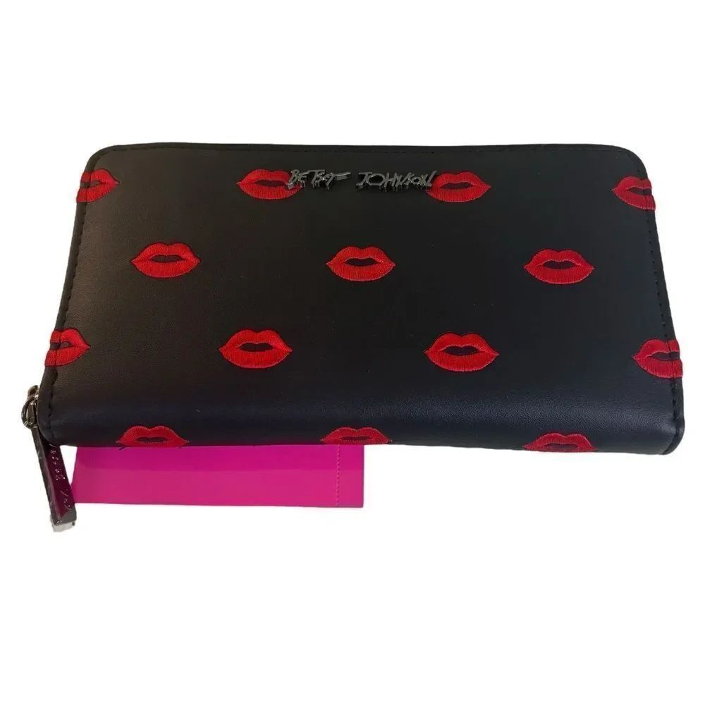 Fabulous Betsey Johnson Faux Leather Black Wristlet w/ Embroidered Red Lips.